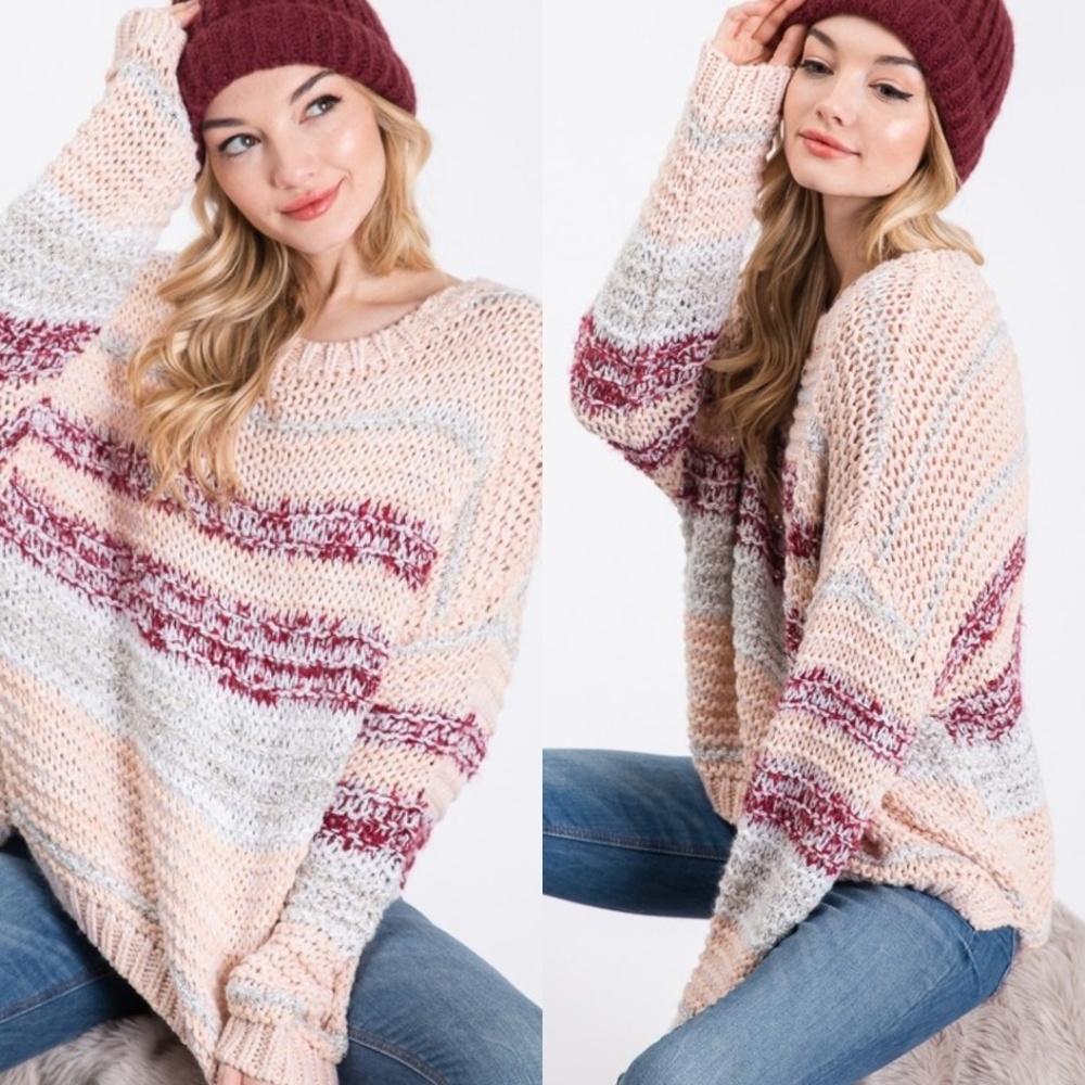 Cozy Striped Knit Sweater in Blush and Burgundy